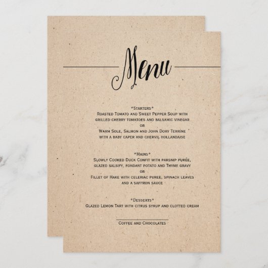 CARTE CLASSIQUE DE MENU DE MARIAGE (Devant / Derrière)