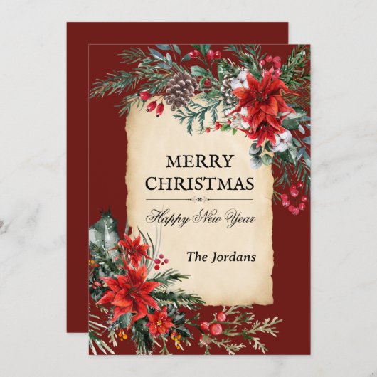 Carte classique de Noël floral Flat Holiday Card (Devant / Derrière)