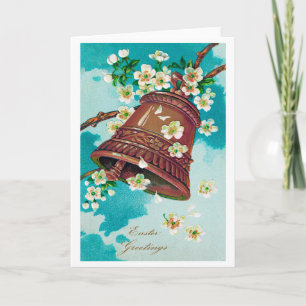 Carte Cloche de Pâques vintage et fleurs de cerisiers