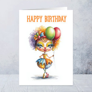 Carte Clown de Cirque Coloré Tenant des Ballons Annivers