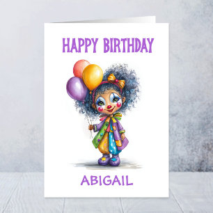 Carte Clown de cirque fille tenant des ballons d'anniver