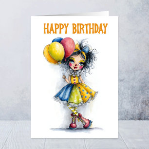 Carte Clown de Cirque Mignon Tenant des Ballons Annivers
