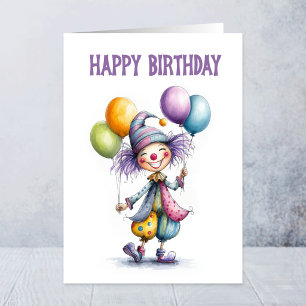 Carte Clown Joyeux Tenant Des Ballons Anniversaire