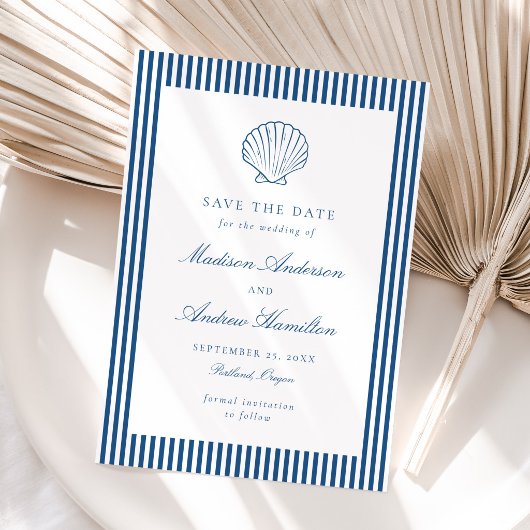 Carte Coastal Navy Stripe Shell Wedding Save the Date