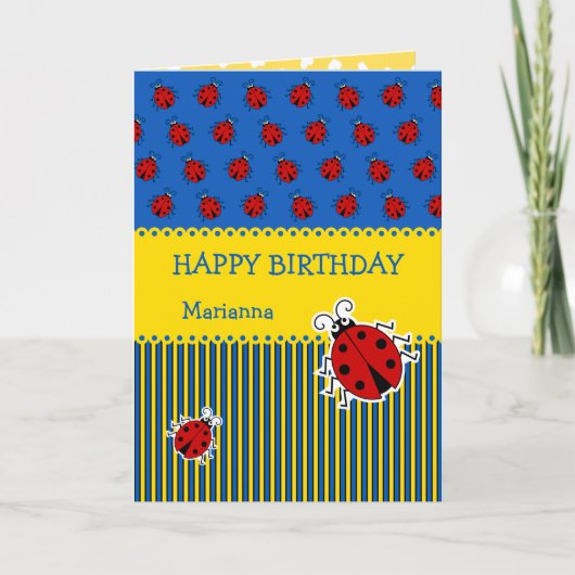 Carte Coccinelle bleu jaune ajouter nom anniversaire (Devant)