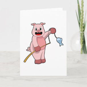 Carte Cochon à la pêche avec canne à pêche et poisson