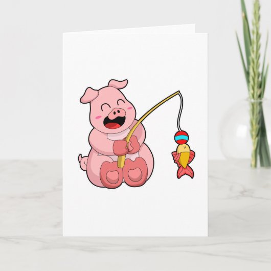 Carte Cochon à la pêche avec un poisson (Devant)