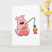 Carte Cochon à la pêche avec un poisson (Fleur jaune)