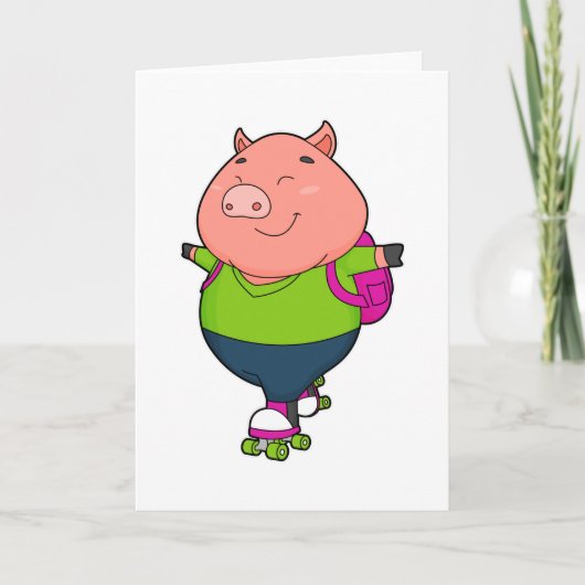 Carte Cochon au patinage en ligne avec des patins à roul (Devant)