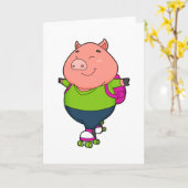 Carte Cochon au patinage en ligne avec des patins à roul (Fleur jaune)
