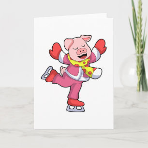 Carte Cochon au patinage sur glace avec patins sur glace