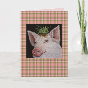Carte cochon avec casquette à touffes d'herbe