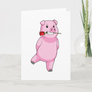 Carte Cochon avec fleur de rose