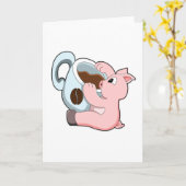 Carte Cochon avec tasse de café (Fleur jaune)