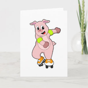 Carte Cochon en patinage avec patins en ligne