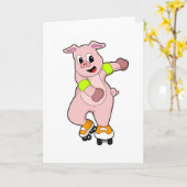 Carte Cochon en patineur avec des patins en ligne (Fleur jaune)