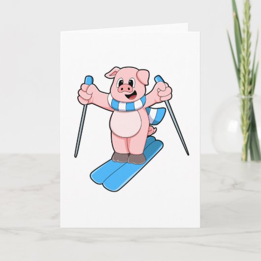Carte Cochon en skieur avec écharpe de ski et bâtons de (Devant)