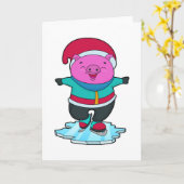 Carte Cochon faisant du patin à glace avec des patins à  (Fleur jaune)