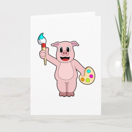 Carte Cochon peignant avec pinceau et couleur (Devant)