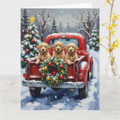 Carte Cockapoo camion rouge de Noël vacances (Fleur jaune)