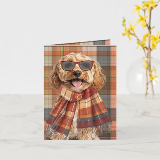 Carte Cockapoo Chien Plaid Automnal Monogrammé (Fleur jaune)