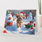 Carte Cockapoo courant dans la neige avec un chapeau de (Devant)