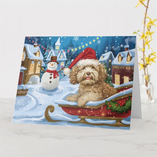 Carte Cockapoo Dog in Sleigh Snow Christmas (Fleur jaune)