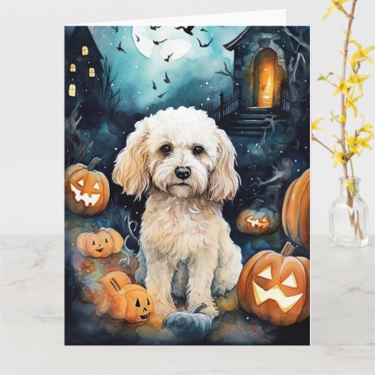 Carte Cockapoo Halloween Avec Des Citrouilles Effrayant  (Fleur jaune)