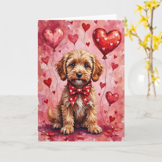 Carte Cockapoo Valentine Dog Sitting with Hearts Red (Fleur jaune)