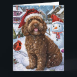 Carte Cockapoo Winter Wonderland Christmas Joy<br><div class="desc">Ce design festif reflète l'esprit joyeux de la période des fêtes, avec un adorable petit portant un chapeau de Père Noël. Le chien est niché dans un pays des merveilles hivernales, avec un bonhomme de neige, un sapin de Noël décoré et des cadeaux joliment emballés. Les flocons de neige tombent...</div>