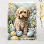 Carte Cockapou avec les oeufs de Pâques vacances (Fleur jaune)