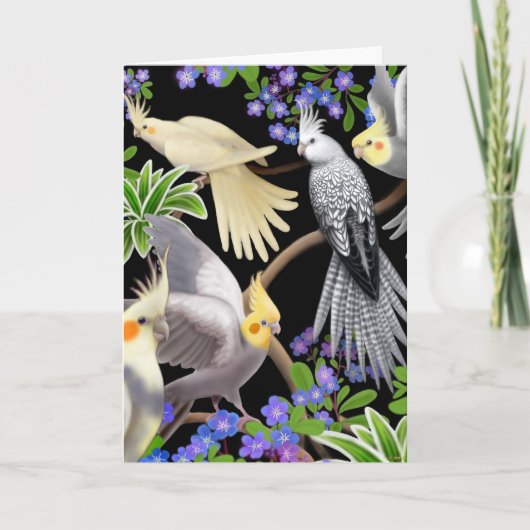 Carte Cockatiels et Fleurs (Devant)