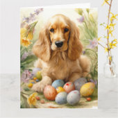 Carte Cocker Spaniel avec Oeufs de Pâques Fêtes (Fleur jaune)