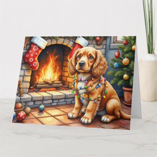 Carte Cocker Spaniel by Fireplace with Christmas Lights (Devant)