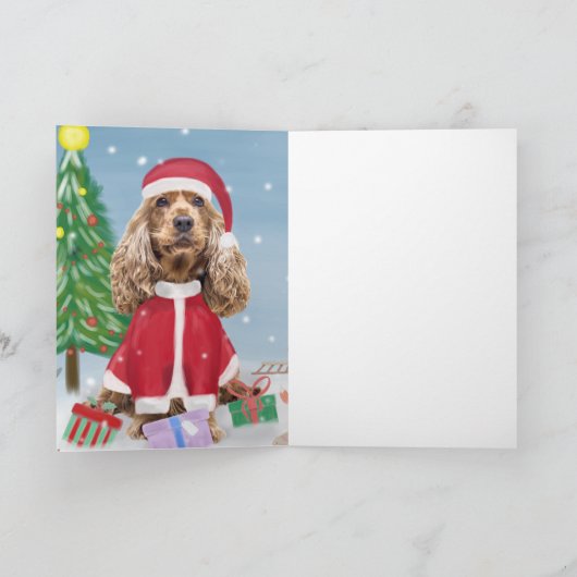 Carte Cocker Spaniel Chien en neige avec cadeaux de Noël (Intérieur)
