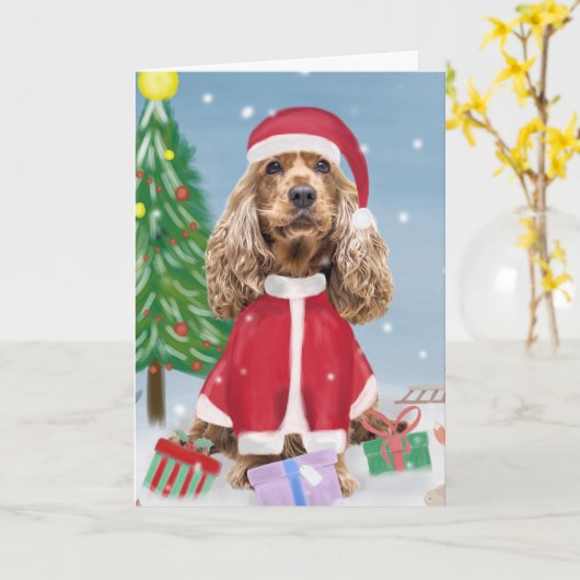 Carte Cocker Spaniel Chien en neige avec cadeaux de Noël (Fleur jaune)