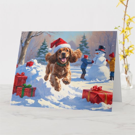 Carte Cocker Spaniel coule dans la neige avec le Casquet (Fleur jaune)