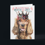 Carte Cocker Spaniel Dog Queen pour une journée d'annive<br><div class="desc">Ajoutez des lunettes de lecture, en couleur rose bien sûr, et une couronne rose florale et turquoise à ce mignon Cocker Spaniel et vous avez une carte d'anniversaire digne d'une reine.</div>