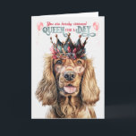 Carte Cocker Spaniel Dog Queen pour une journée d'annive<br><div class="desc">Ajoutez des lunettes de lecture,  en couleur rose bien sûr,  et une couronne rose florale et turquoise à ce mignon Cocker Spaniel et vous avez une carte d'anniversaire digne d'une reine.</div>