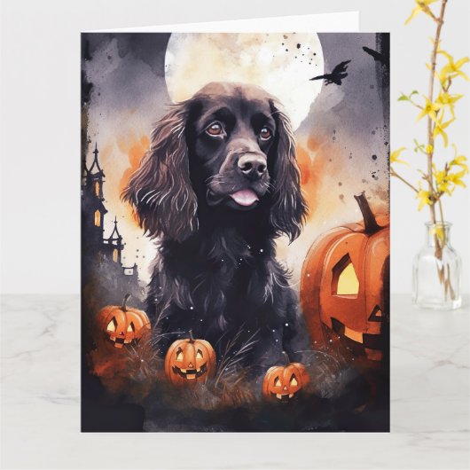 Carte Cocker Spaniel Halloween avec citrouilles  (Fleur jaune)