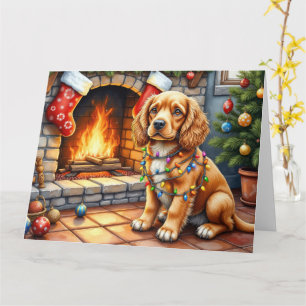 Carte Cocker Spaniel près de la cheminée avec des lumièr