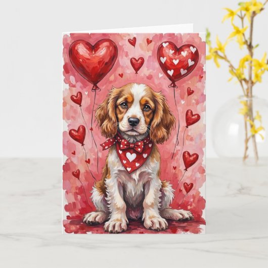 Carte Cocker Spaniel Valentine’s Day Dog with Hearts Red (Fleur jaune)