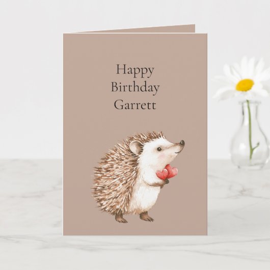 Carte Cocoa Brown Cream Red Hearts Hedgehog Birthday (Petite plante)