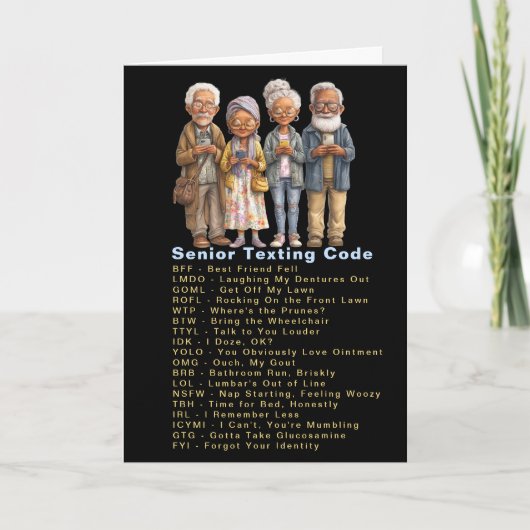 Carte Code de SMS drôle pour l'anniversaire des seniors (Devant)