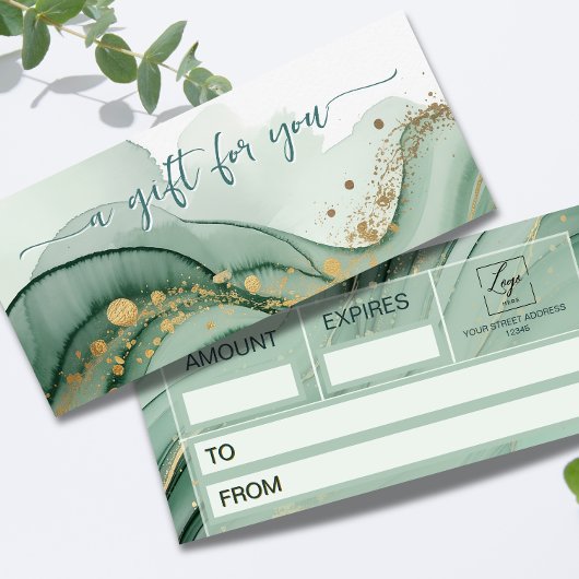 Carte Code QR aquarelle Certificat Cadeau Vert Sauge Or
