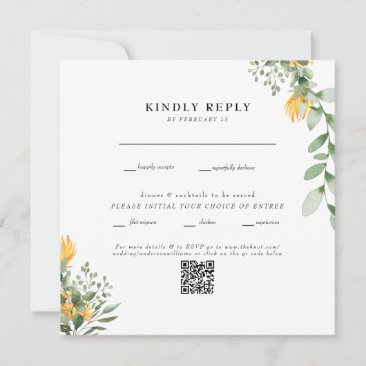 Carte Code QR de mariage carré blanc Tournesol moderne (Devant)