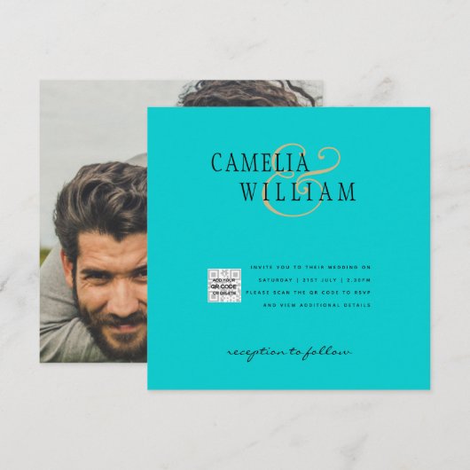 Carte Code QR d'invitation de mariage avec photo turquoi (Devant / Derrière)