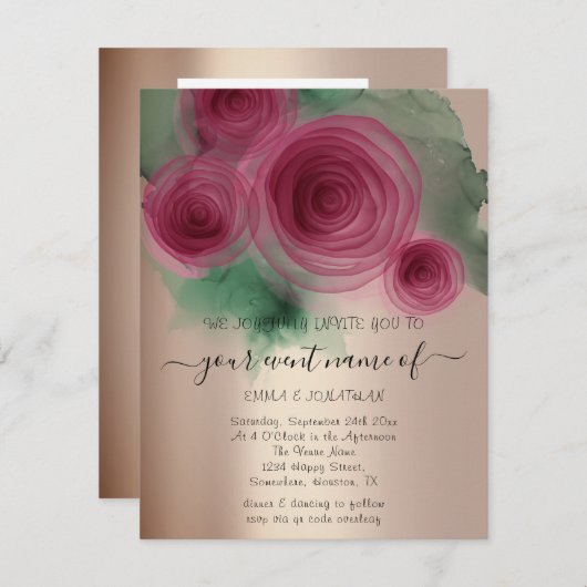 Carte Code QR floral budgétaire Rose Gold Marsala Vert (Devant / Derrière)