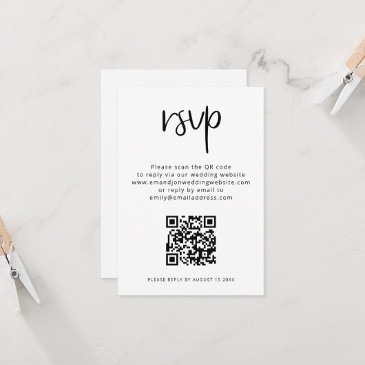 Carte Code QR imprimable Noir Blanc Mariage RSVP (Devant/Arrière en situation)