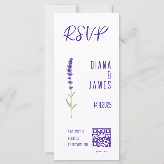 Carte Code QR Lavande d'aquarelle élégant Mariage RSVP (Devant)